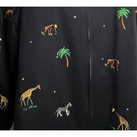 Quacker Factory Jacket Black Embroidered Jungle Animals Palm Trees Zip Up Casual - Picture 4 of 15